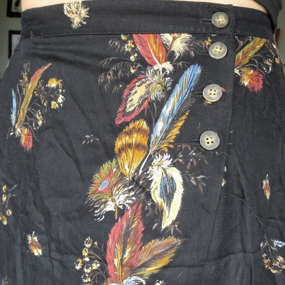 90s Medium Black Feather Print Boho Faux Wrap Midi Maxi Skirt Rayon USA - Picture 6 of 11